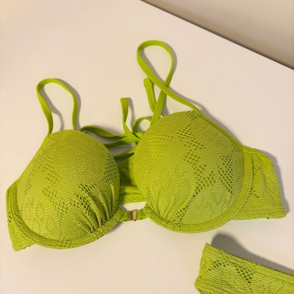 Aerie Perkier Push-Up Crochet Low Rise Bikini Matching Set Lime Green 32 C M - Picture 2 of 6